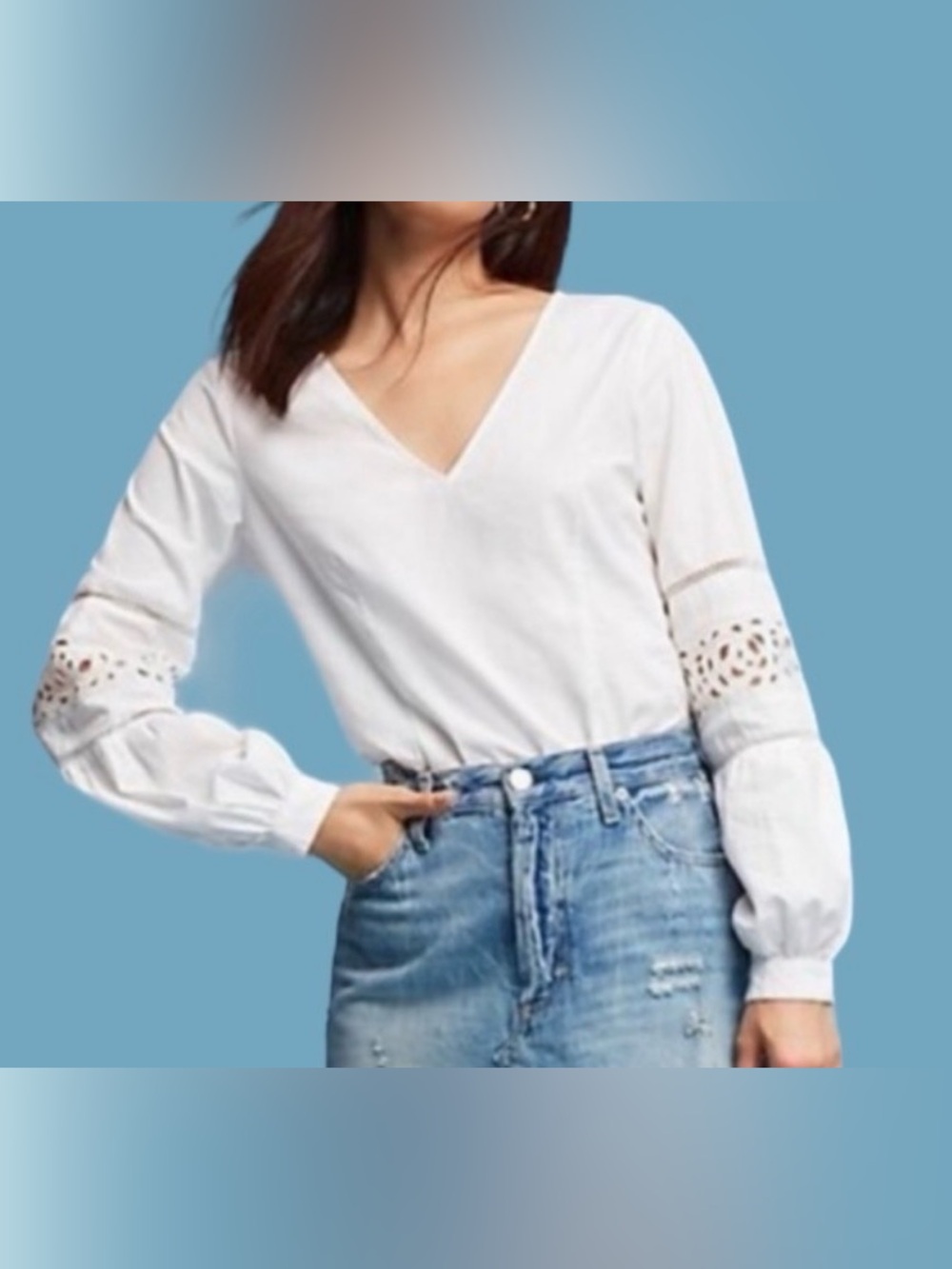 Maeve Anthropologie White Cotton Lace Cutout Sleeve V Neck Blouse Size 6‎